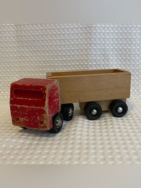Vintage Stock Wooden Toys Red Semi Dump Truck Made In Canada Handcrafted #673